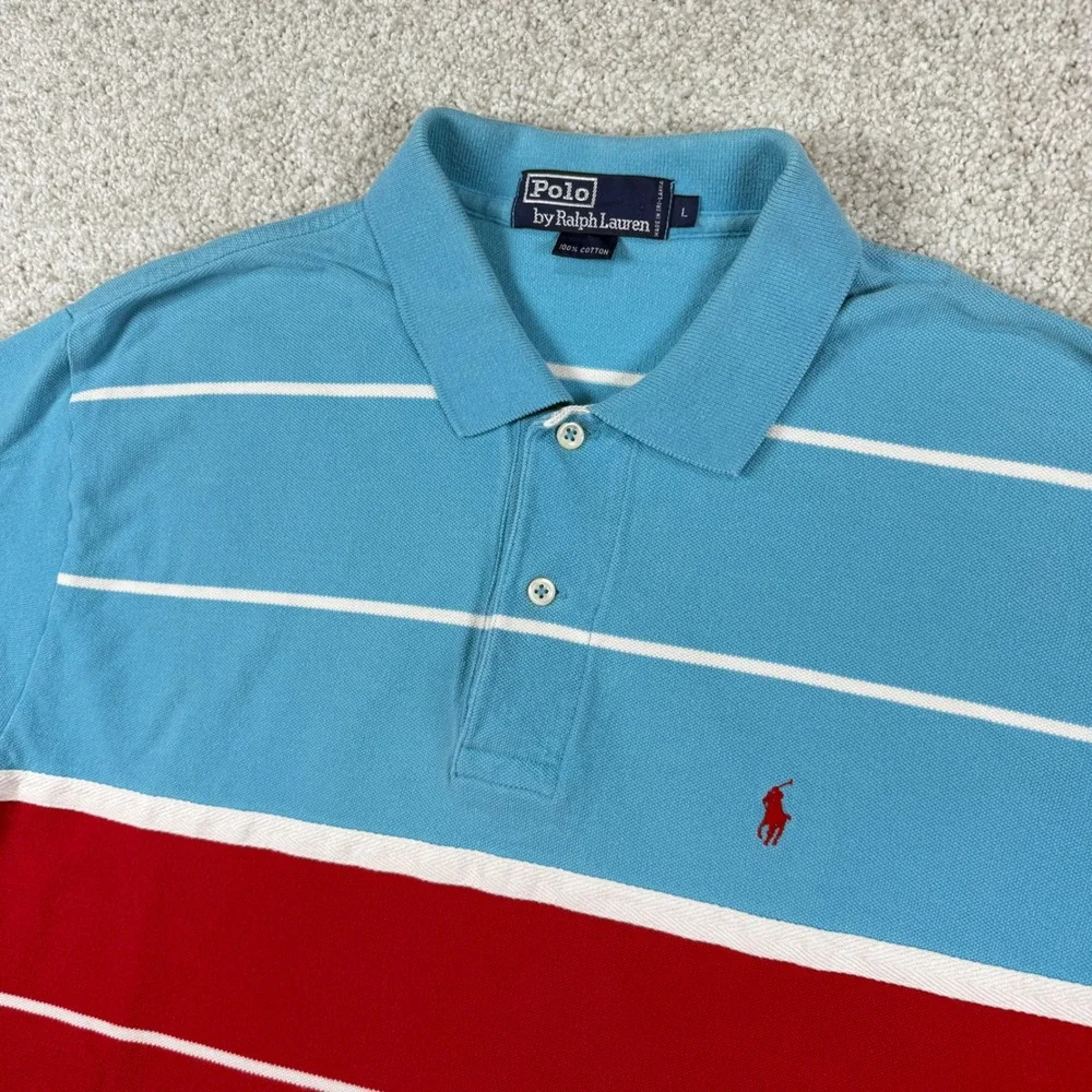 Polo Ralph Lauren Polo Shirt Mens L Blue Red Orange Striped Colorblock Pique